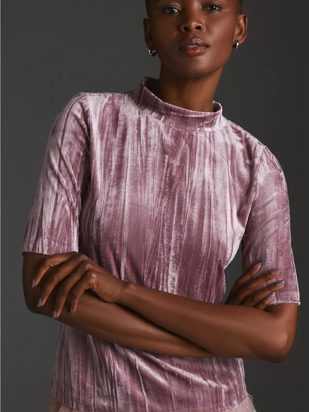 Pilcro Velvet Short-Sleeve Mock Neck Top in Dusty Mauve - Picture 5 of 12